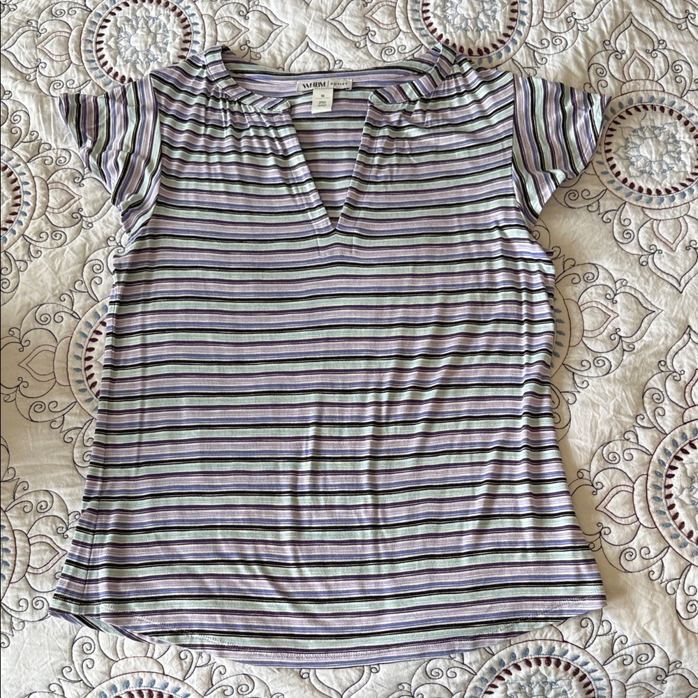 White House Black Market Lavender, Black & White Striped Short Sleeve Tee